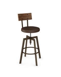 Architect Industrial Adjustable Height Swivel Bar Stool with Cushioned Seat &amp; Wood Backrest
