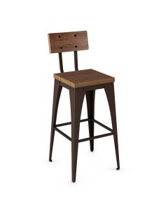 Upright Industrial Non-Swivel Bar Stool with Wood Seat &amp; Backrest