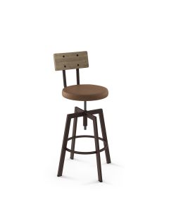 Architect Industrial Adjustable Height Swivel Bar Stool with Cushioned Seat &amp; Wood Backrest